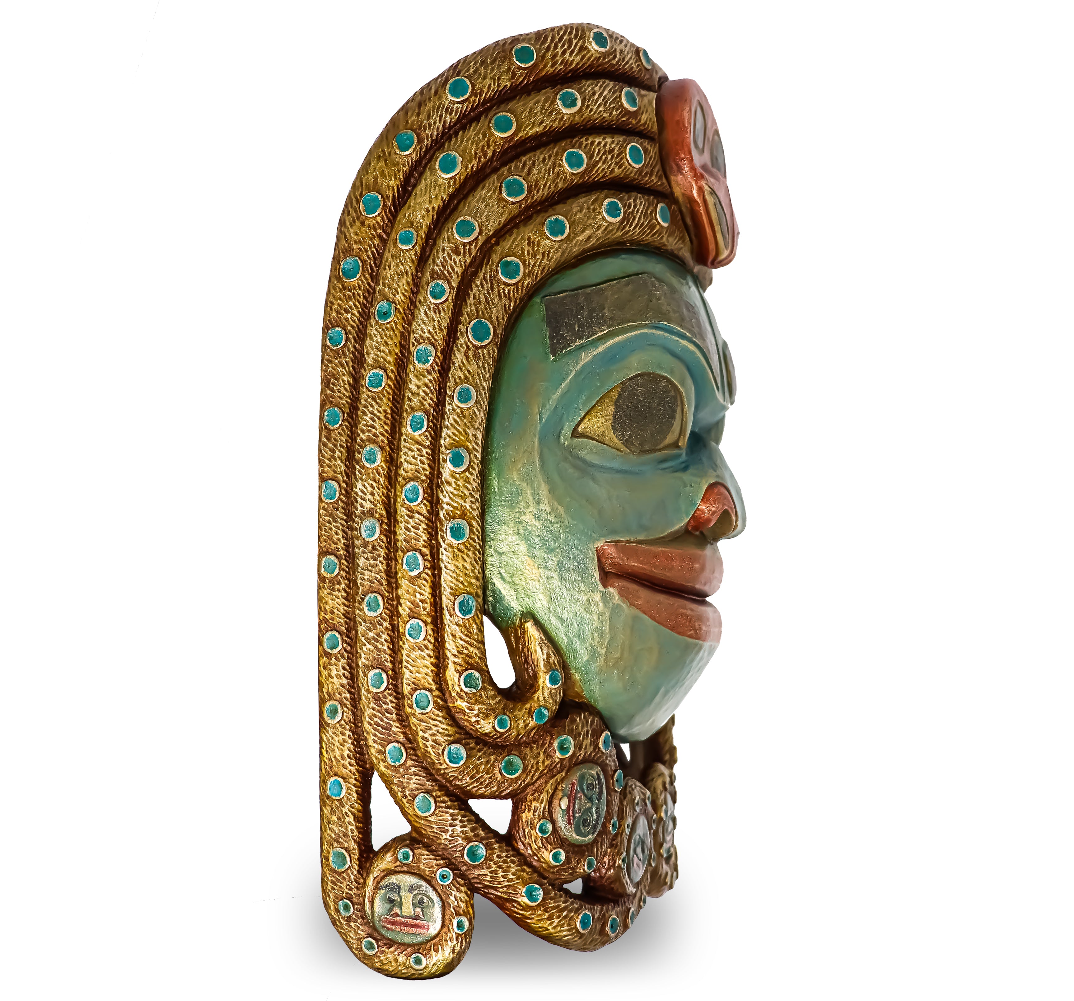 Side view of the Chookaneidee Devilfish Mask Bronze Replica originally carved and painted by Fred Fulmer Tlingit Artist