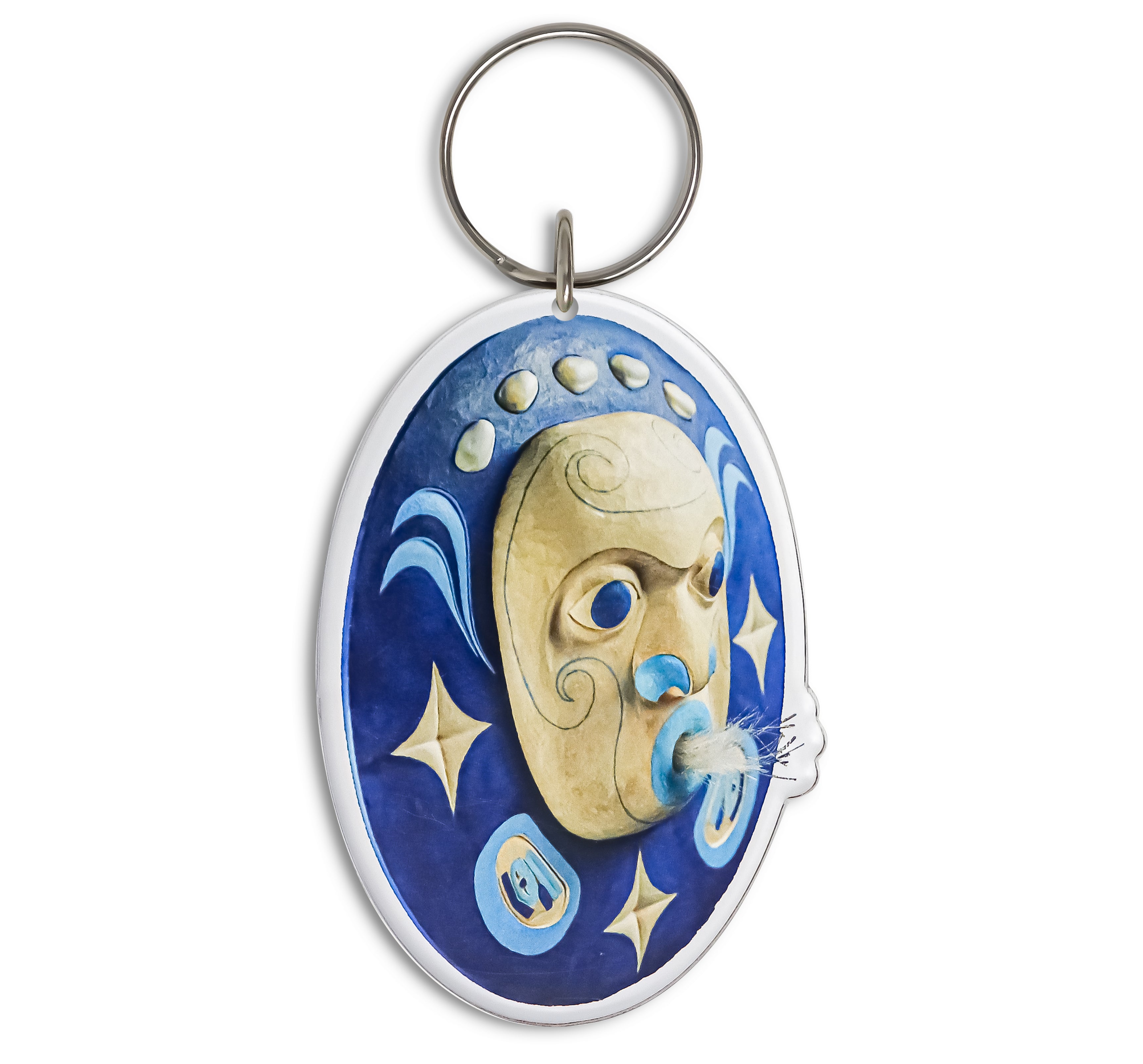 Glacierbay Winter Moon Mask Acrylic Key Ring originally carved and painted by Fred Fulmer Tlingit Artist